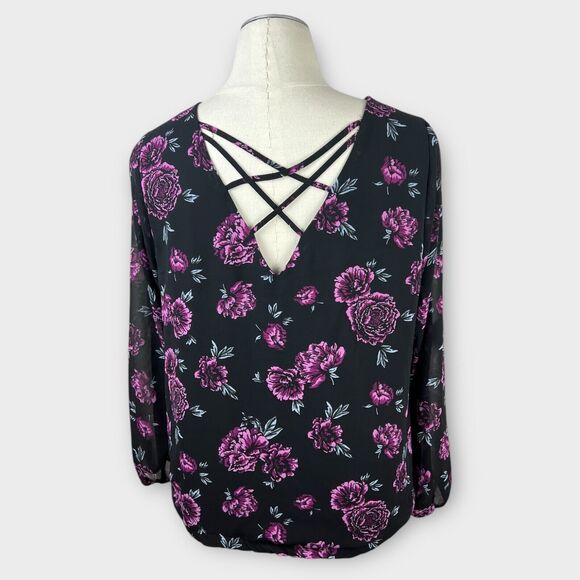 Torrid Womens 1X Black Purple Floral Strappy Back Double V Stretchy Hem Blouse - Picture 3 of 8